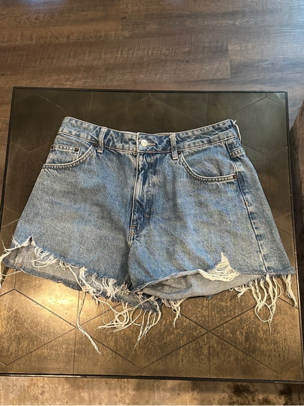 Top Shop Distressed High-Waist Denim Shorts